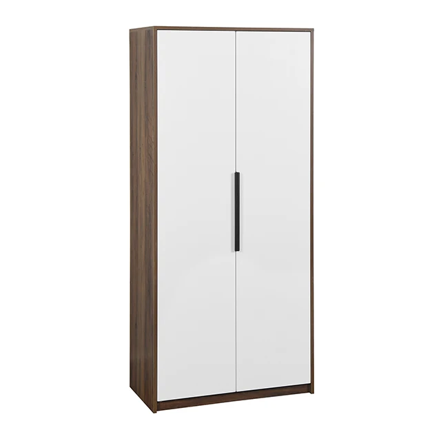 New arrival good sell wooden walnut color clothes wardrobe bedroom furniture with 2 gloss white wooden doors