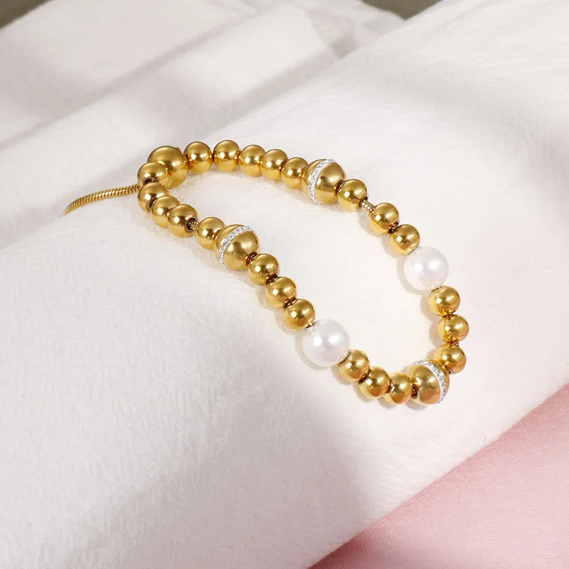 
New Fashion Adjustable Stainless Steel Bead with Cubic Zircon Iridescent Spherical Pearl Bead Bracelet 