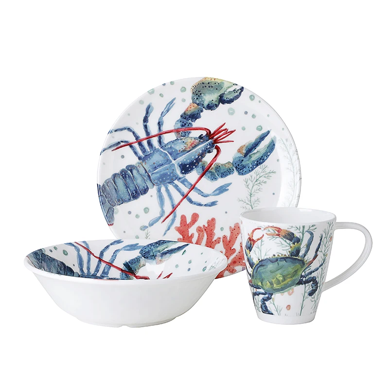 China Factory Ready Stock Melamine Tableware Set For Restaurant, 10 Inches Round Melamine Dinner Set Ocean Coral Design