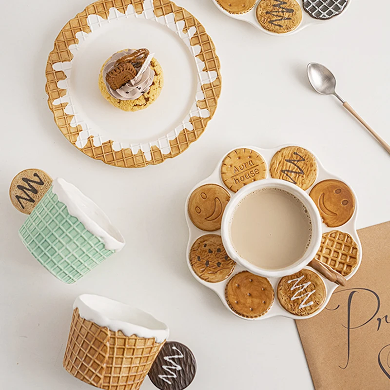 ZC INS High appearance gift mug and plate Niche hand-painted biscuit design office teacup Creative ceramic coffee cup saucer
