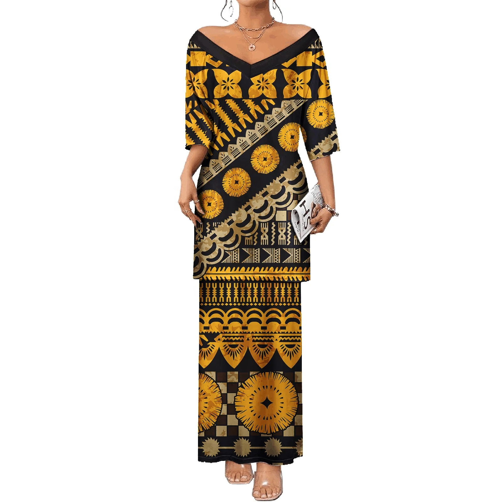 Women Asia & Pacific Island Clothing Customized Sexy Short Sleeve Maxi Dress Polynesian Samoan Dress Tattoo Pattern Elegant