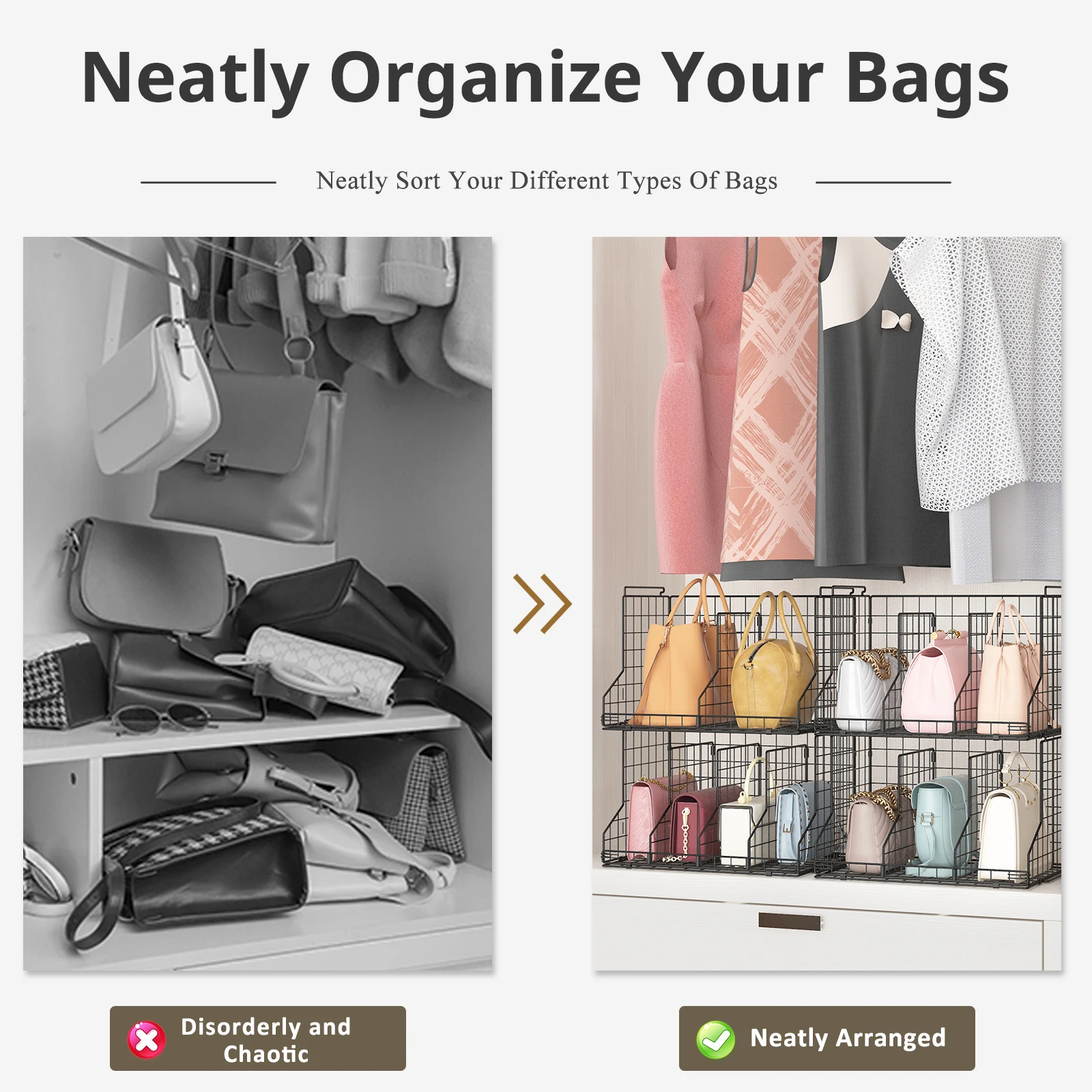 Hot sale Adjustable Dividers Closet Purse Organizer metal wire black storage basket for Wallets Tote Chain Bags Clutches