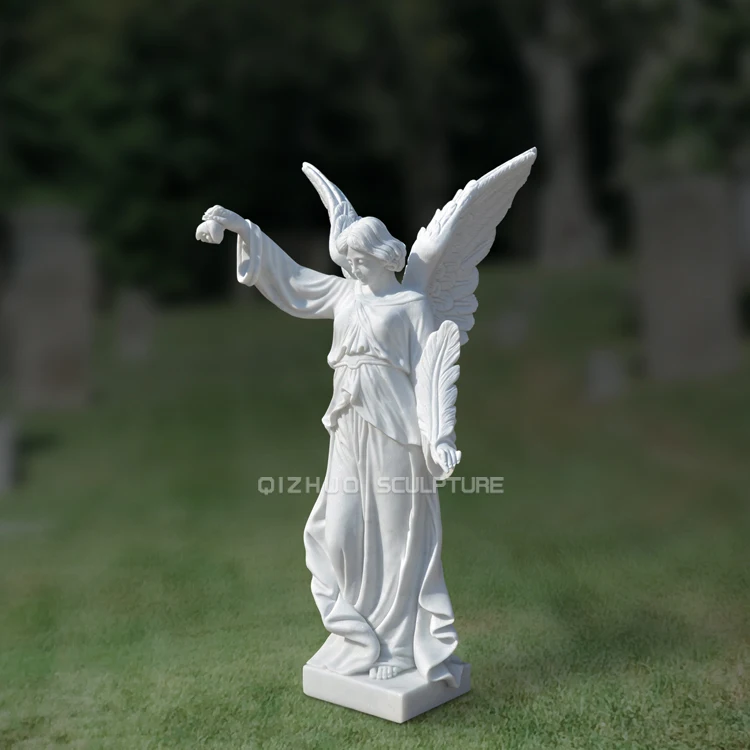 Life Size Natural Stone Monuments Sculpture Carved Female White Marble Angel Headstone Statue