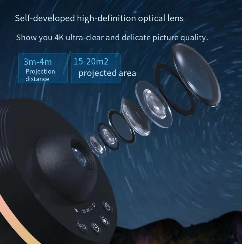 high definition button touch control with ambient light, adjustable focus, and dynamic shooting star sky projection light