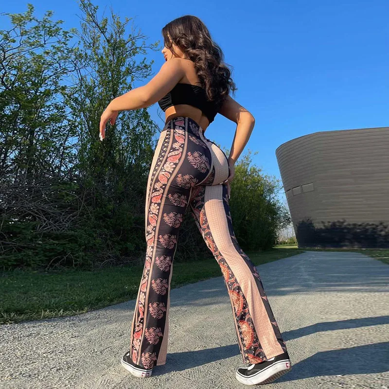 Autumn New Stylish Print Splicing high Waist Loose Slightly Flared  Pants