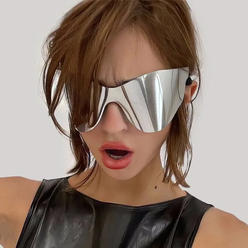 Custom Designer Oversized Wrap Quicksilver Gradient Sun Glasses Mirrored Rimless One Piece Y2K Futuristic Shades Sunglasses