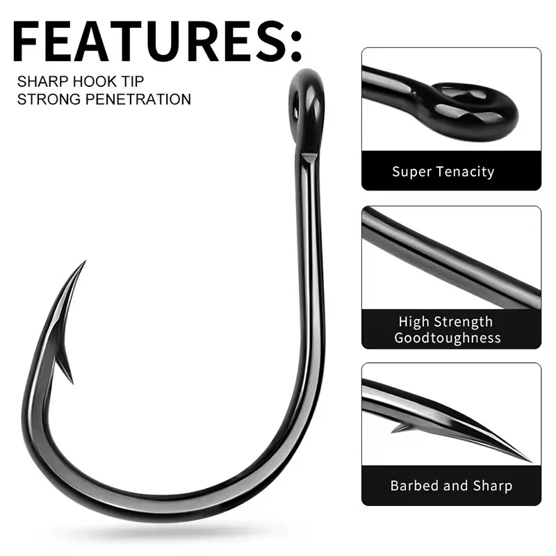1#-12/0# 10pcs/bag High Carbon Steel Hoodlum Hook Black Nickel Single Fishing Hook Fishing Accessories