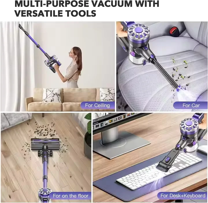 Powerful 12Kpa Cordless Vacuum Cleaner LED Lights Runtime Anti-Tangle Stick Vacuum for Carpet Hard Floor Pet Hair Removal