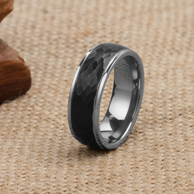 8MM Black Hammered Center Silver Tungsten Carbide Ring with Stepped Edges Titanium Bands