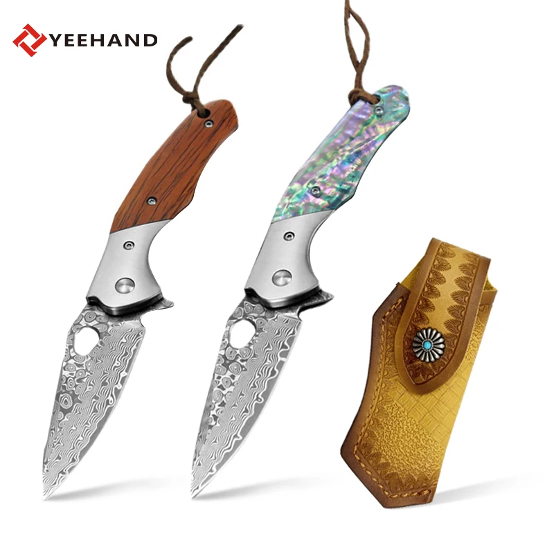 High-end rosewood damascus steel hunting pocket folding knife with leather sheath
