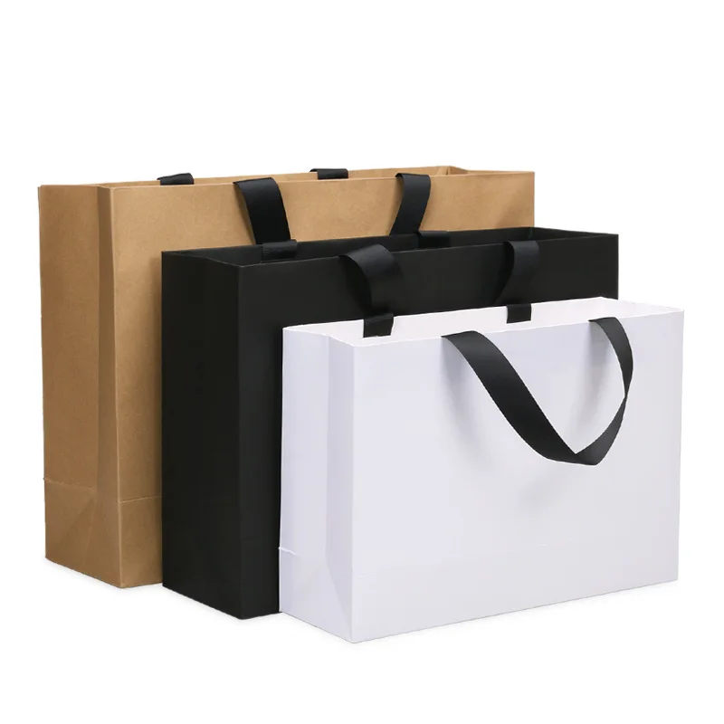 Factory Price Simple Kraft Gift Bag Shopping Paper Bag Clothing Package Handbag With Ribbon