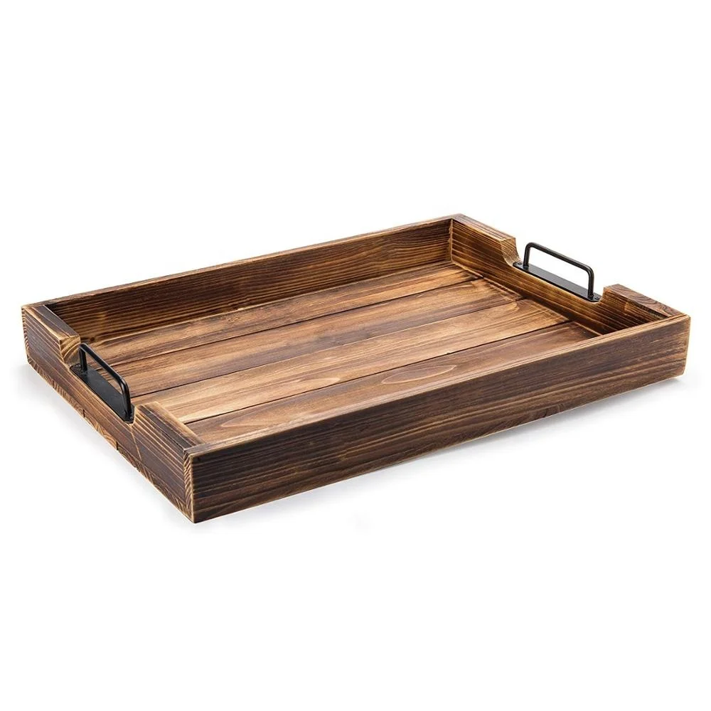 
Wooden Serving Tray with Metal Handles for Ottoman Rustic Tray for Coffee Table Home Decor Tray 