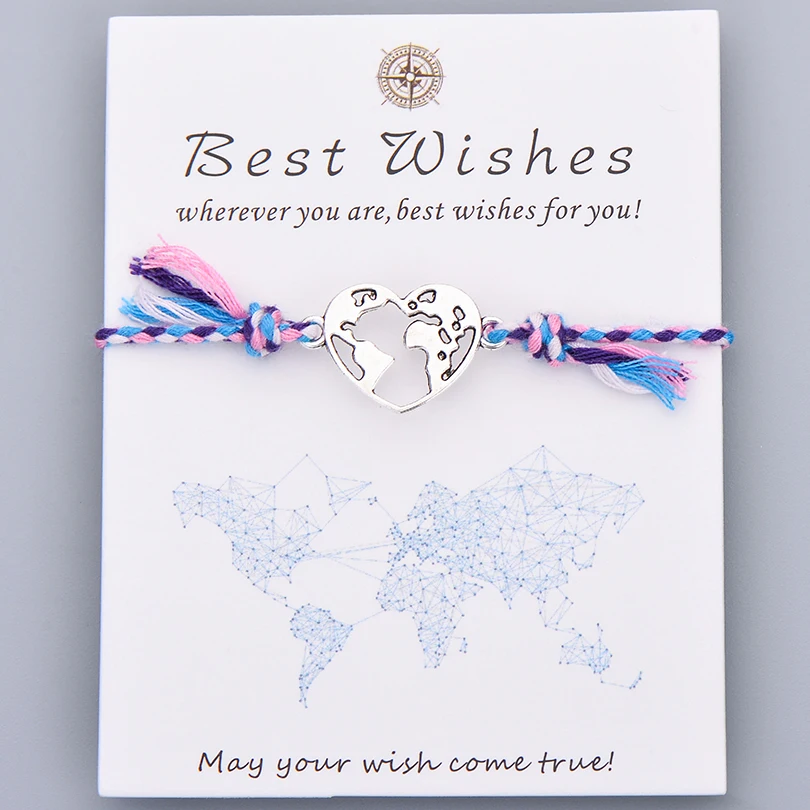 Bohemian Style Rope Braided Heart Bracelet Lover Couple Best Wishes World Map Charm Bracelets Women Wish Jewelry Gift