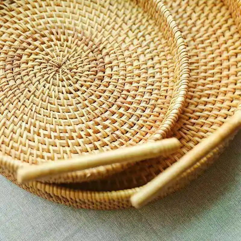Eco-Friendly Round Shape Woven Rattan Bread Tray Basket With Handles
