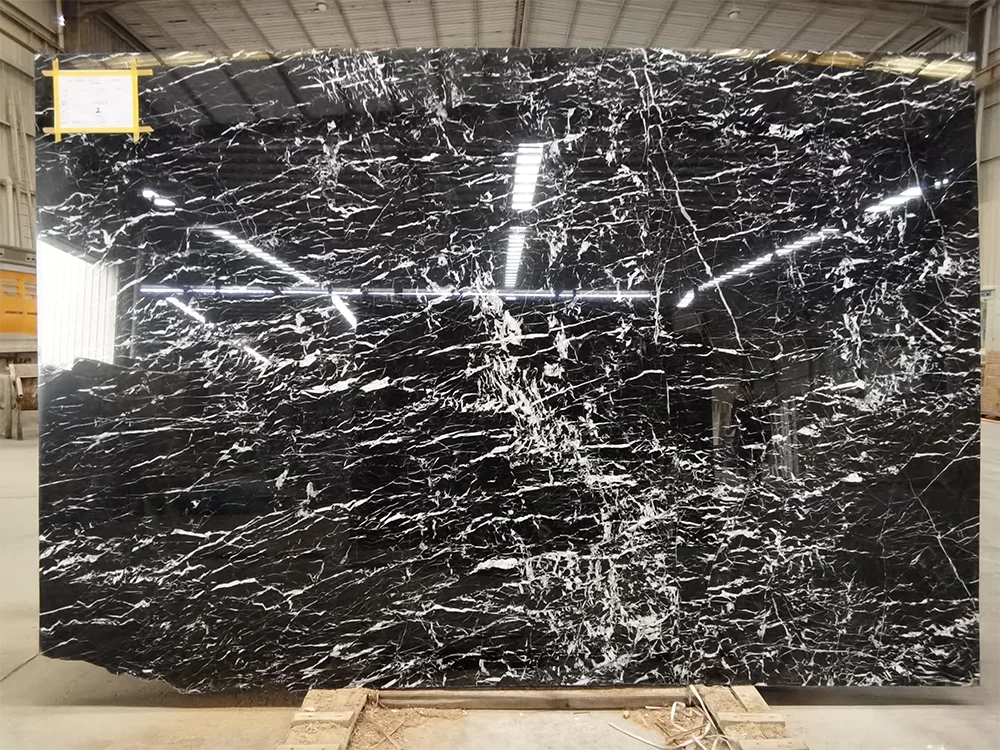 Polished Silky Black Marbels Tile Wall Island And White Striped Marble Natural Chinese Nero Black Marquina Slabs Stone Price