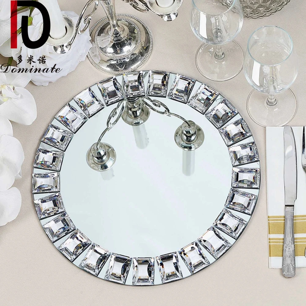 Crystal Transparent Wedding Souvenirs Glass Charger Plates Diamond Beaded Mirror Charger Plates