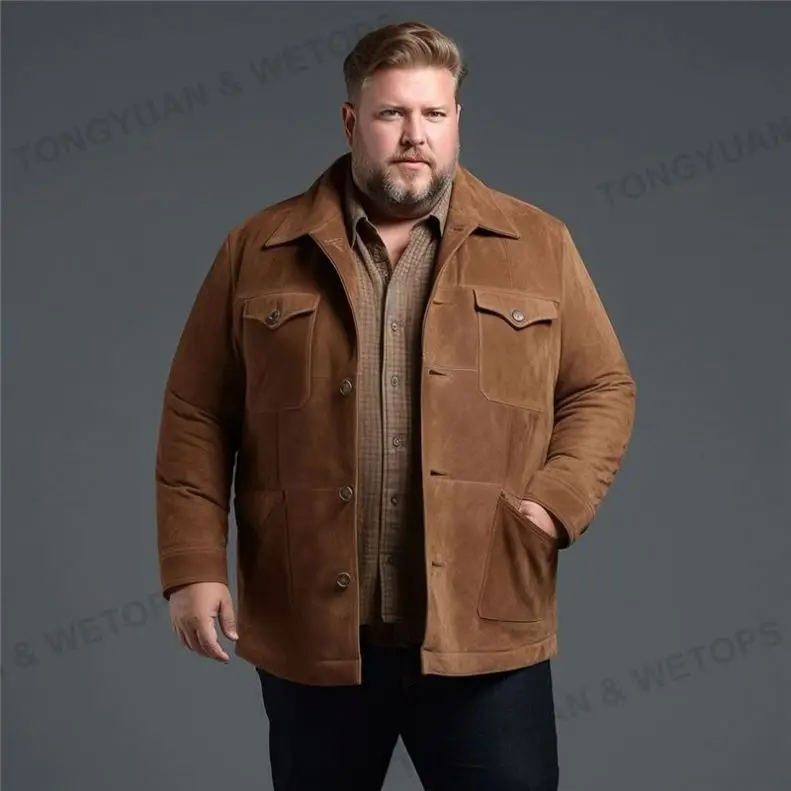 High Quality Suede Jacket For Men Classic Four-Button Lapel Plus Size Winter Men Solid Suede Jacket