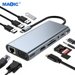 Computer hardware software aluminum 11 in 1 type c to 4k hdmi vga 100M RJ45 usb charging hub type c docking station for laptop
