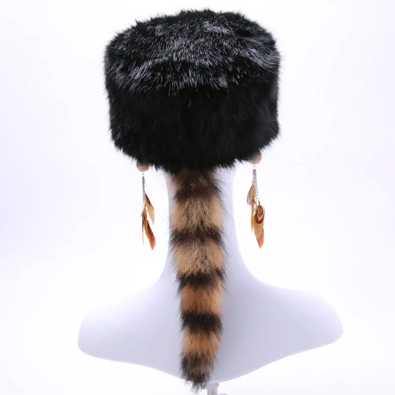 Custom Faux fur and real raccoon tail hat for men   Faux rabbit fur hat with tail