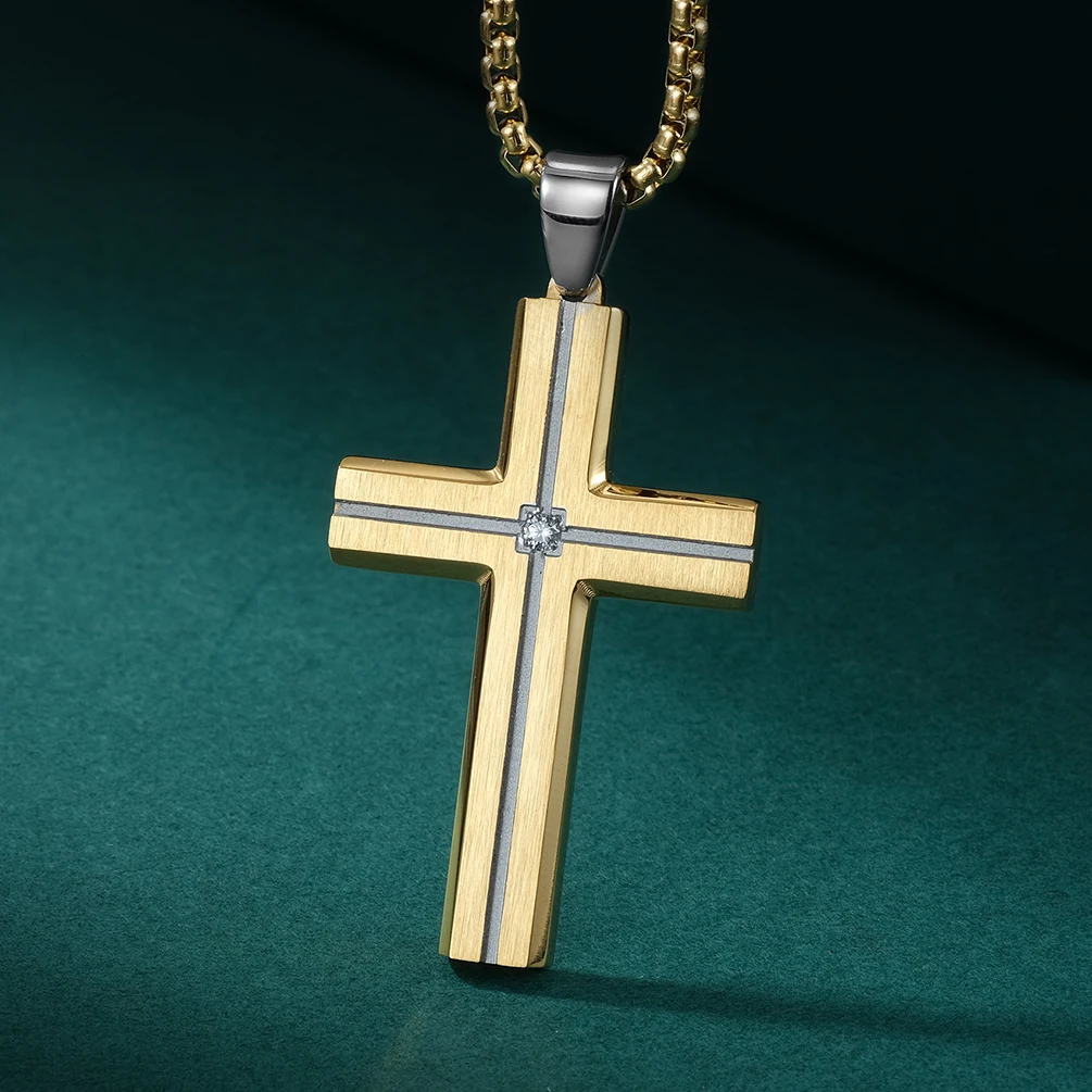 High Quality Black Brushed Cross Pendant Silver Grooved Cross With Stone Centre Stainless Steel Pendant For Men Necklace