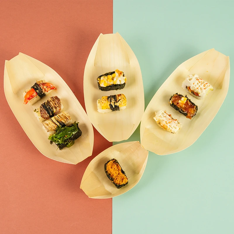 Biodegradable Cheap Natural Disposable Wooden Sushi Boat Plates Dishes