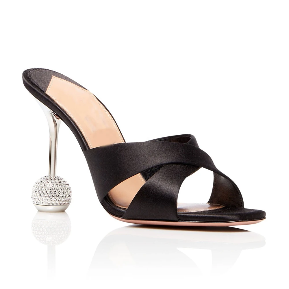 wholesale X cross silk satin fabric peep toe slipper sandals square toe diamonds mule heel women shoes