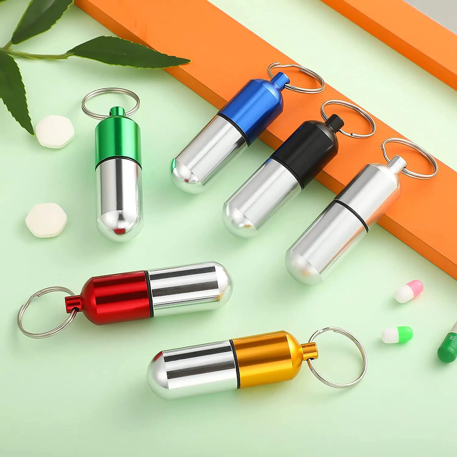 NBBLUESKY Customised Capsule Shape Keychain Aluminium Metal Pill Box Keyring Vial for Stashing Cash and Keys