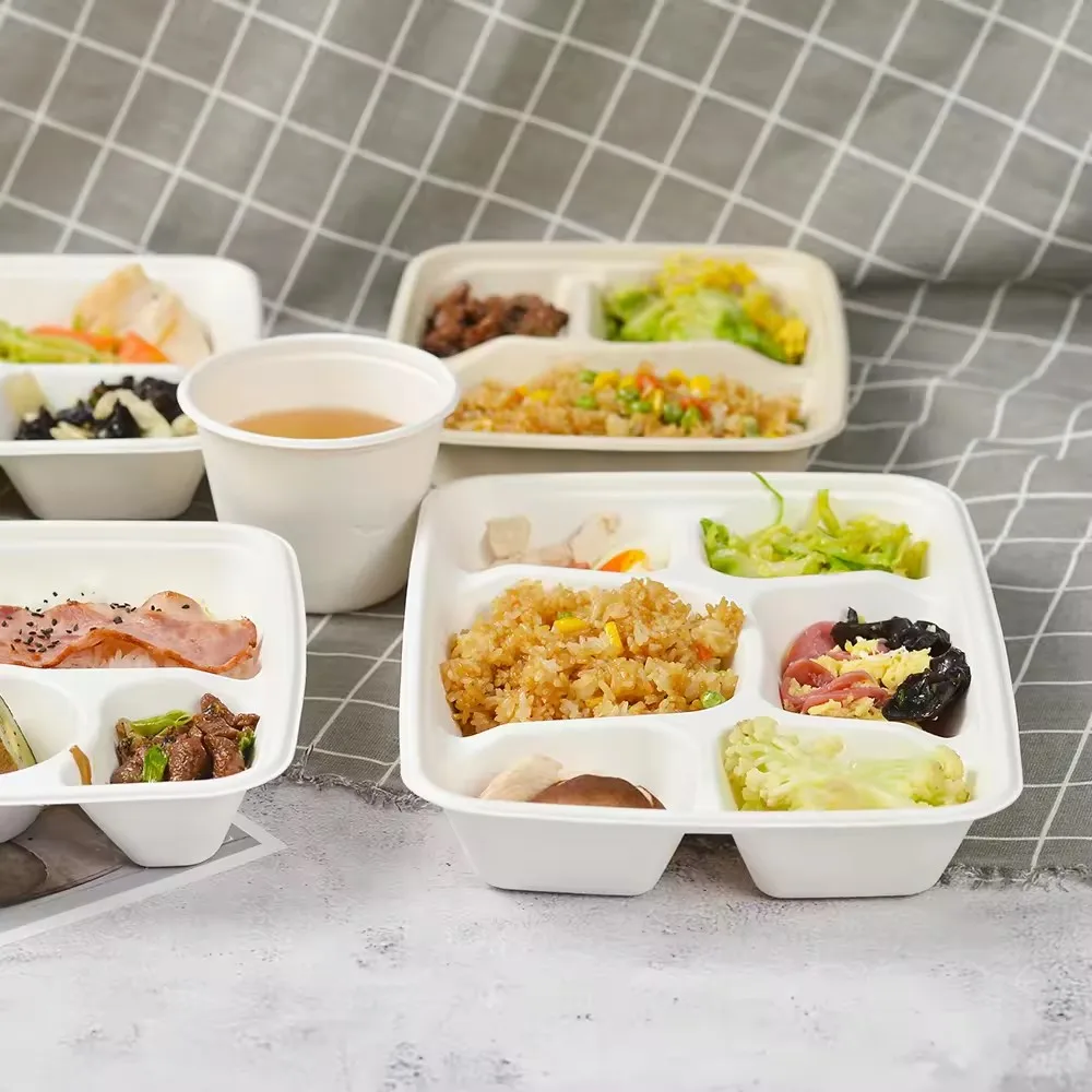 OEM Service Eco-Friendly 4 Compartment Compostable White Disposable Bagasse Tableware Plates Sugarcane Tray