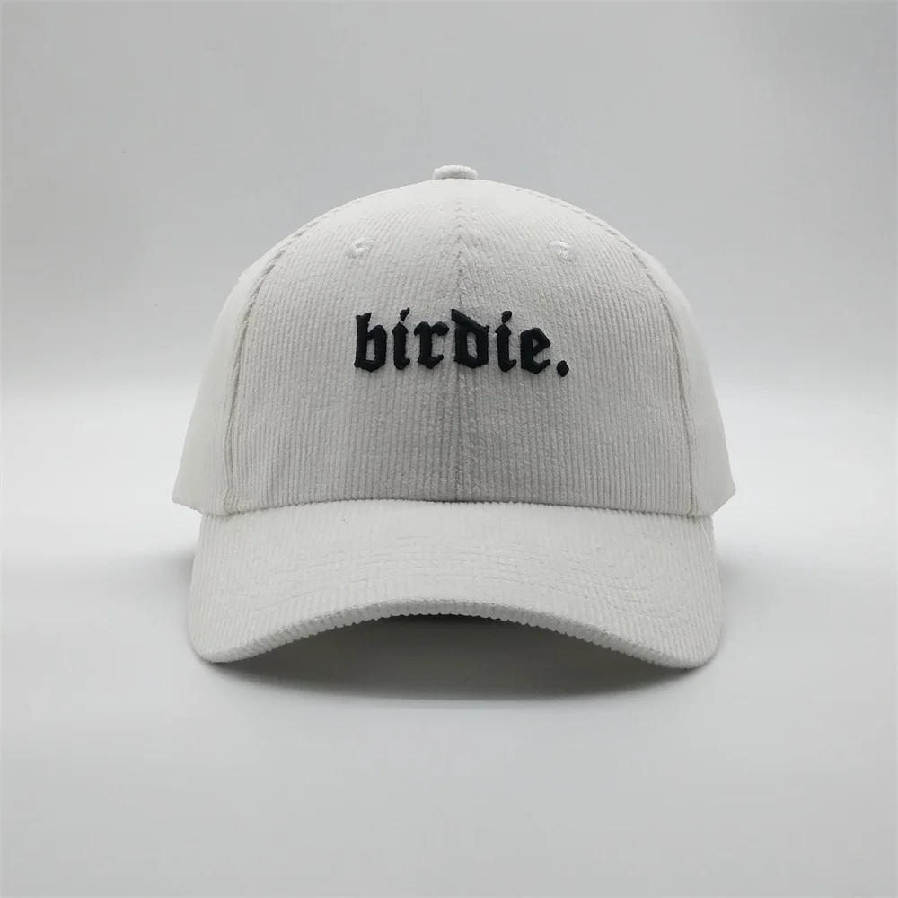 Custom 3D Embroidery Logo Plastic Strapback 6 Panel White Thick Corduroy Dad Baseball Hats Cap