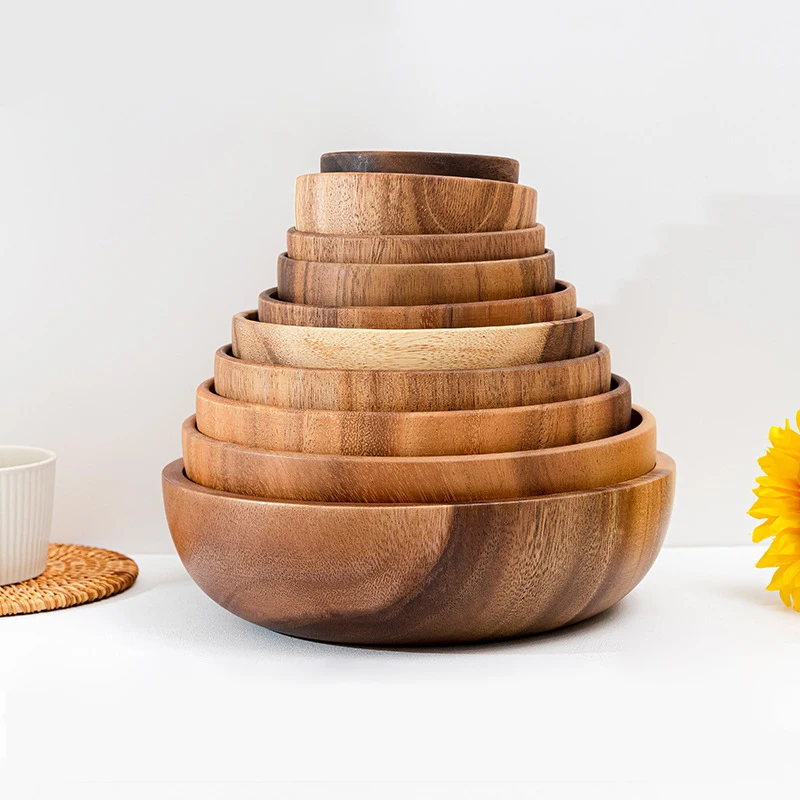 Multiple Sizes from 10 to 26cm Eating Utensil Smooth Natural Acacia Wood Bowl Set for Food Noodle