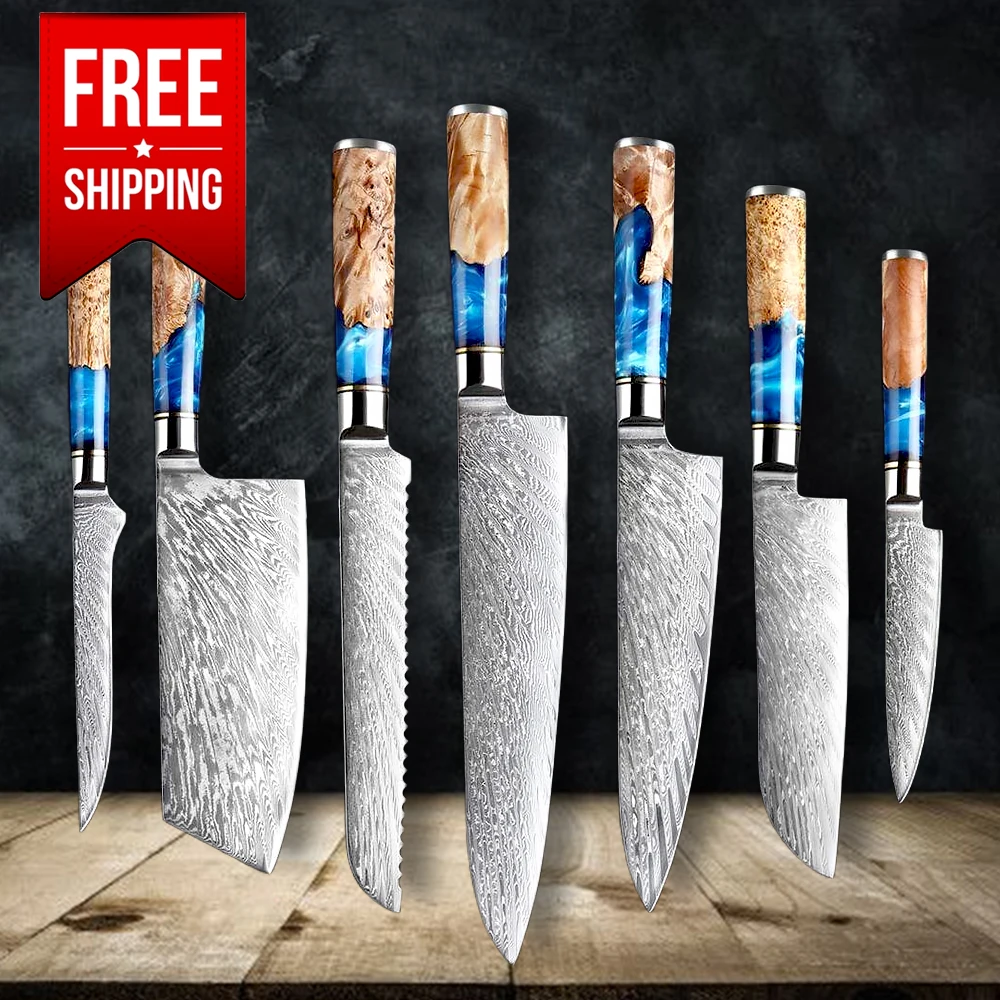 Free Shipping Japanese Vg10 67 layers Damascus Steel Chef Knife Set Damascus Kitchen Knives Set With Wood Resin Handle