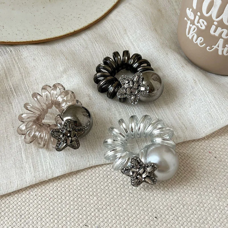 Genya New Design Pearl Beads Plastic Telephone Wire Hair Ties High Elastic Rubber Hair Band for Women Girls elastic hair bands