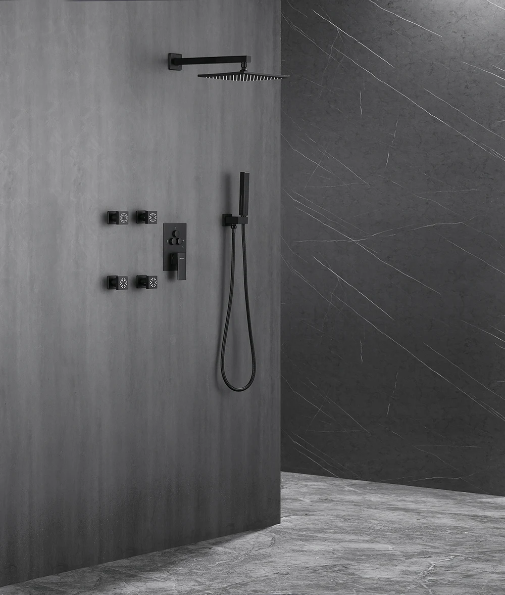 Modern 10 Inch Ceiling Rain Shower System Flush-Mounted shower concealed mixer shower system faucet sets With body jets black