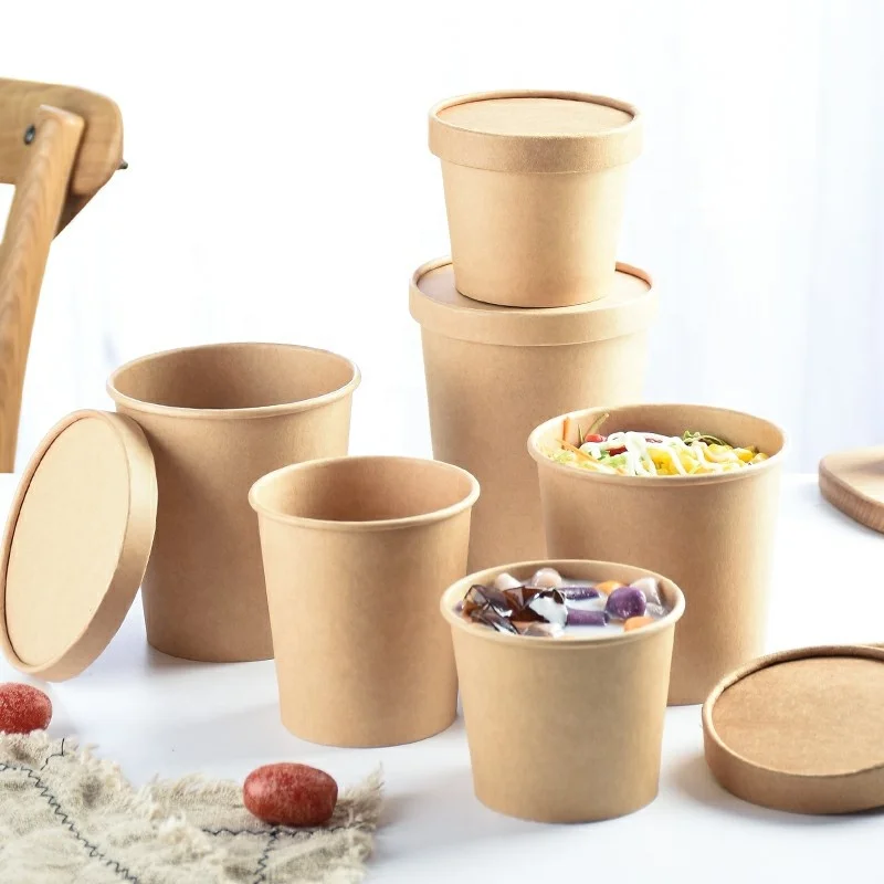 
Cheap Price Disposable Food Grade Different Sizes Kraft Paper Bowl with Paper Lid for Soup Salad Instant Noodles 