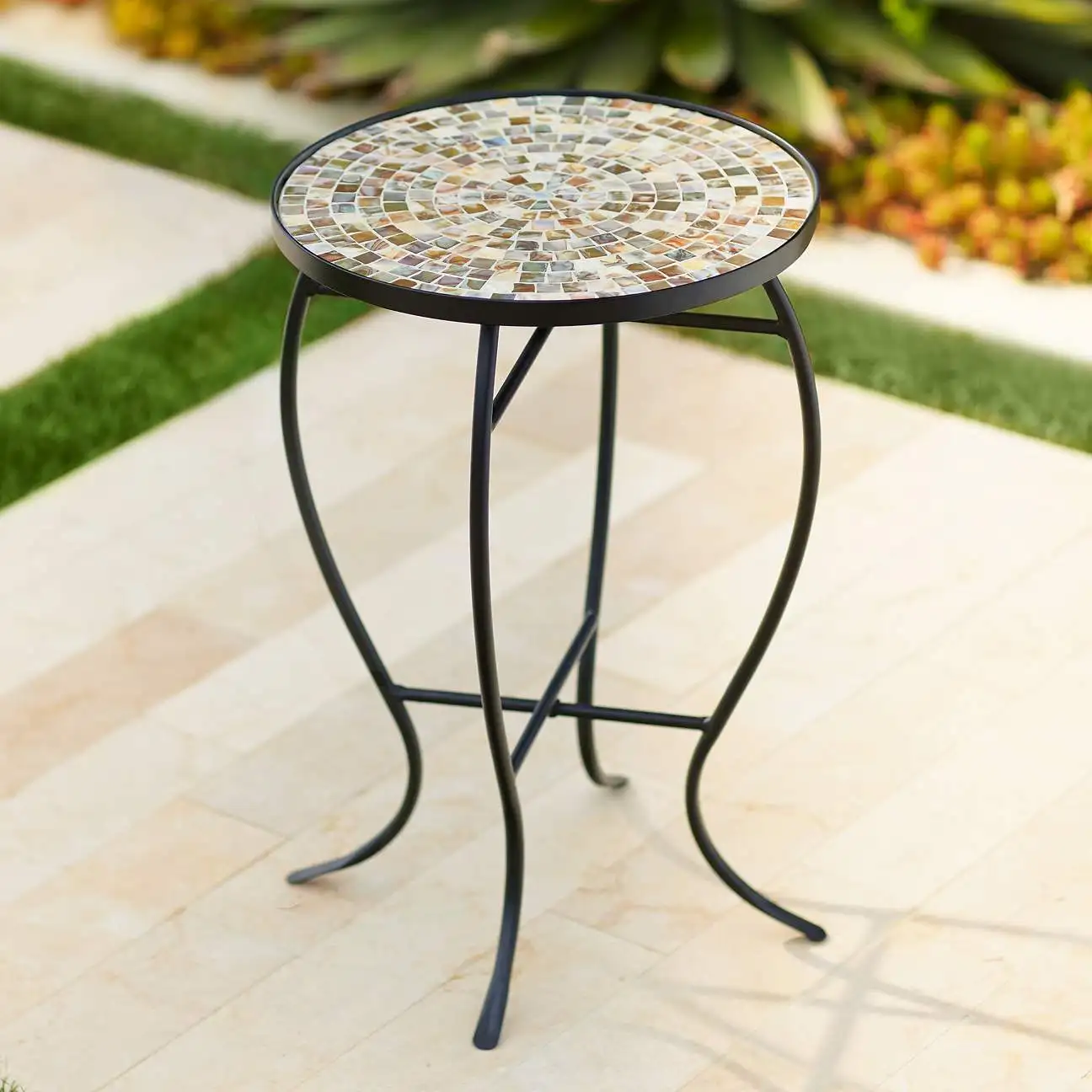 Mother of Peal Mosaic Black Iron Outdoor Accent Table Side Table
