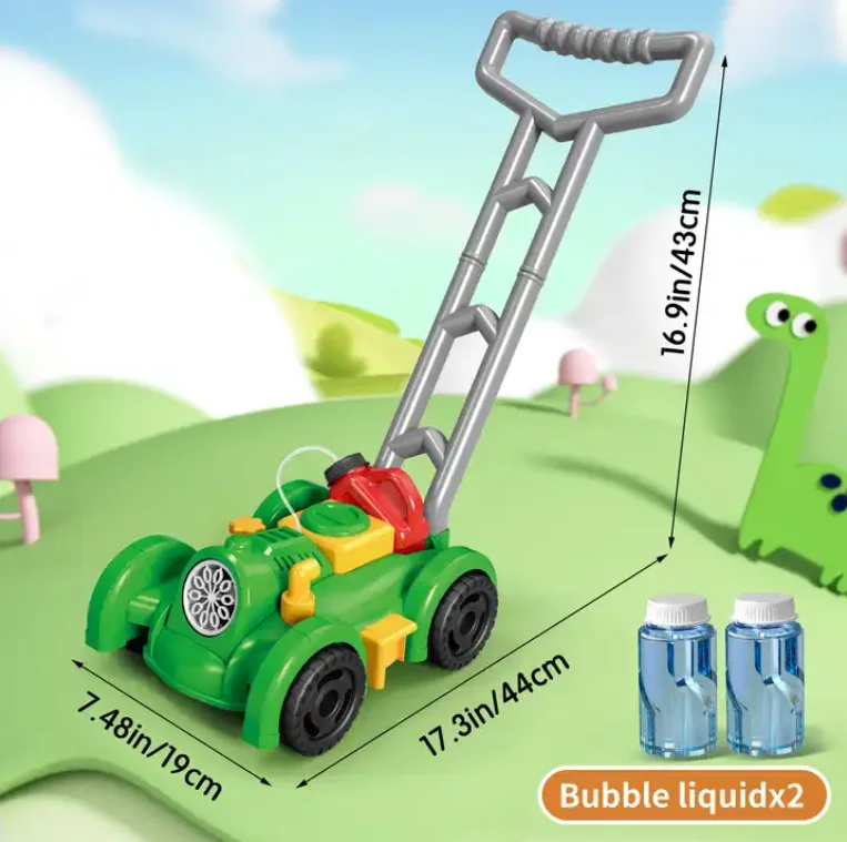 QW New Hot Selling Green Outdoor Educational Toy Fully Automatic Lawn Mower Bubble Handcart with 2 Bottles of 50ML Bubble Water