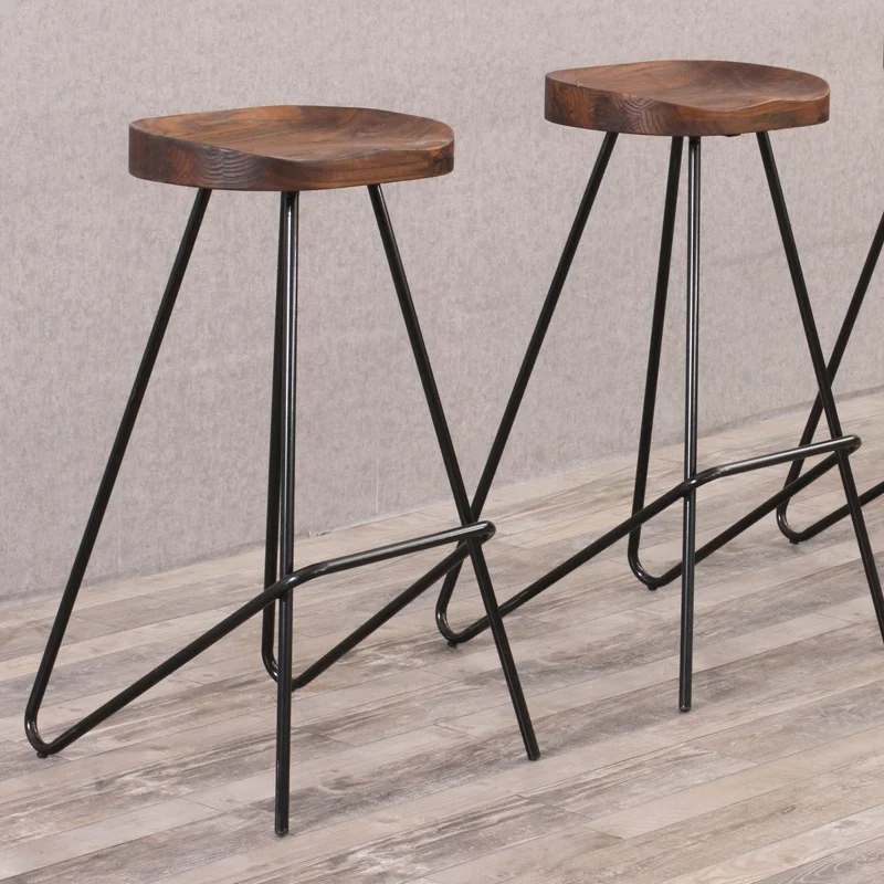 Design wrought iron solid wood seat stackable restaurant metal bar chair high stool