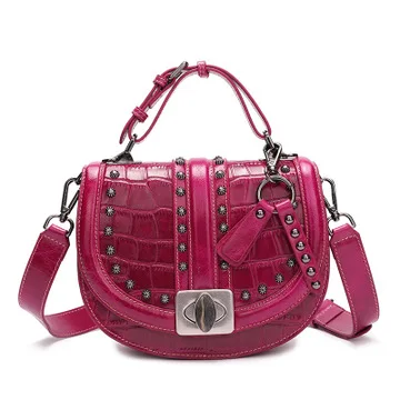 2019 Crocodile Leather Women Bag Top Grain Cow Leather Fashionable Handbag Lady Rivet Shoulder Bags Black