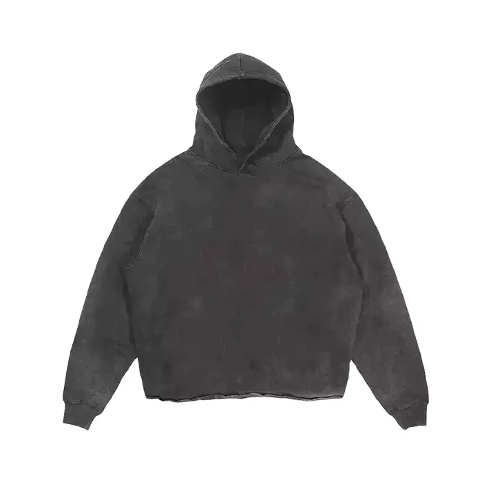 Halliday manufacturer vintage black cropped heavyweight pullover hoodie men custom logo printed cut edge raw hem hoodie
