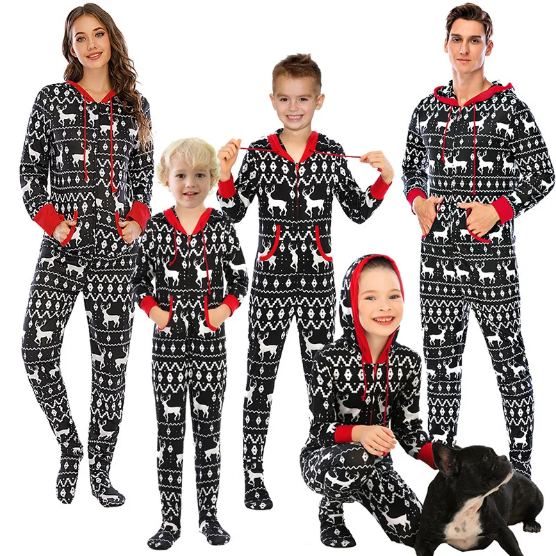 Amazon hot selling Family Matching christmas pajamas women kids Hooded christmas onesie pajamas