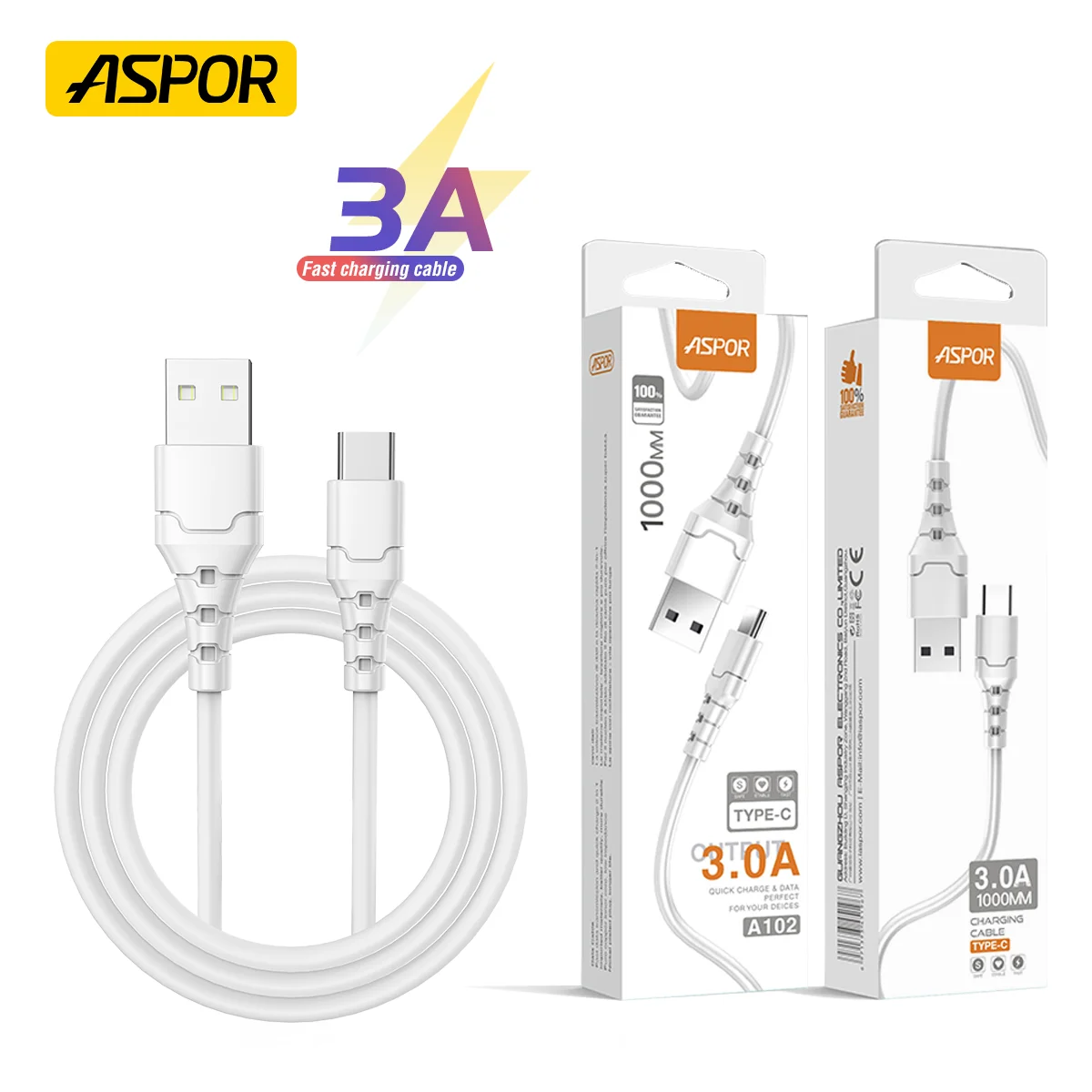 ASPOR A100 3A Usb to Type C PD Mobile Phone Fast Charging White Data Usb Cable Wires, Cables & Cable Assemblies Micro Usb TPE