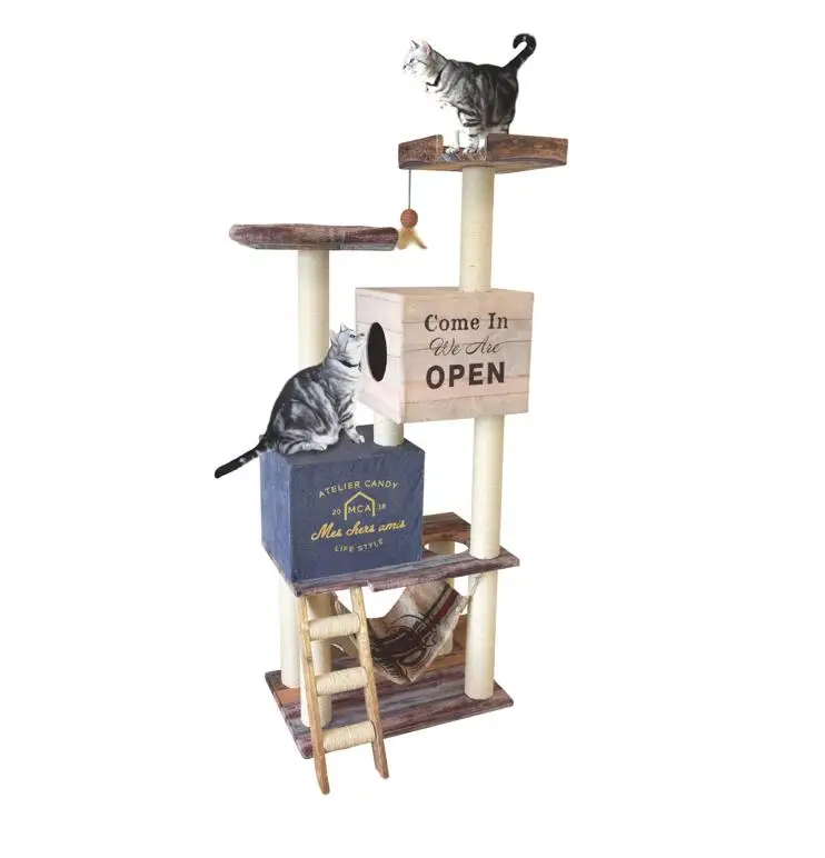 Custom FBA Service Level Multi Layer Wood Cat Tree Toy Scratching Post Cat Tree Tower Cat Climbing Tree