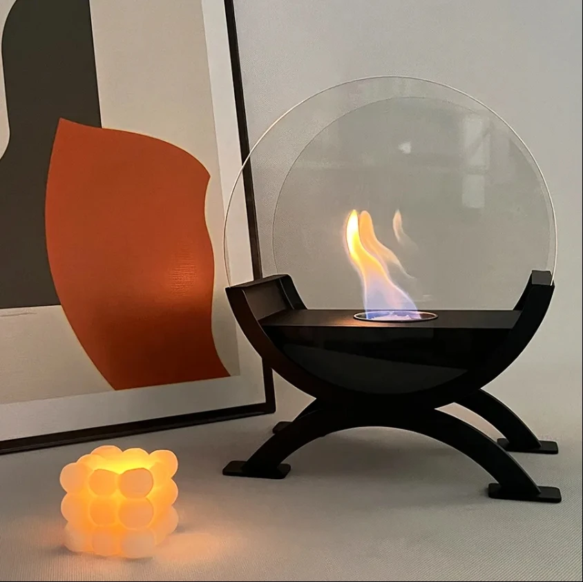 Unique Double Arch Structure Black Metal Fireplace Round Glass Large And Stable Free Standing Ethanols Fireplace