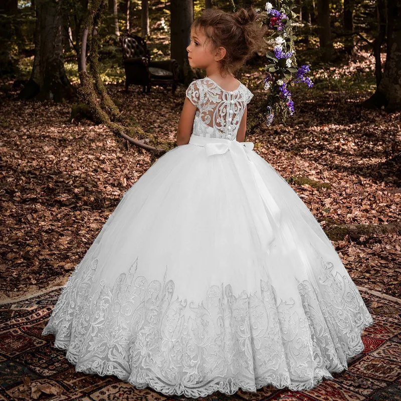 Fashion Hot Sale Photo Kids Clothes White Wedding Party Dresses Little Girls Short Sleeve Lace Ball Gown Chiffon Floral Support