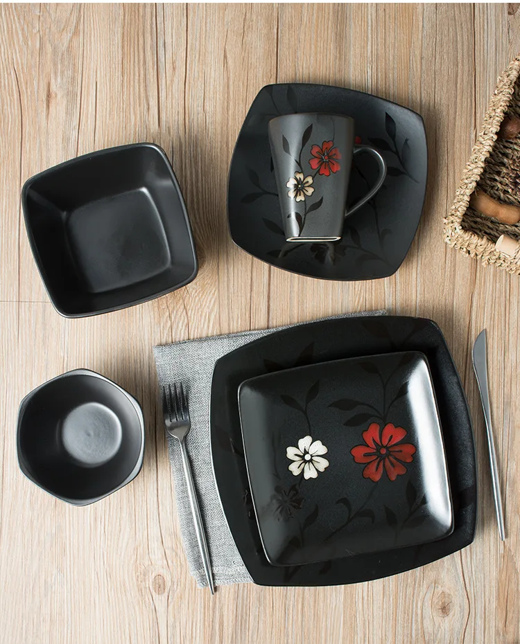 Manufacturers Wholesale Japanese Black Red Hand Made Ceramic Tableware Set Innovate Plate and Cups