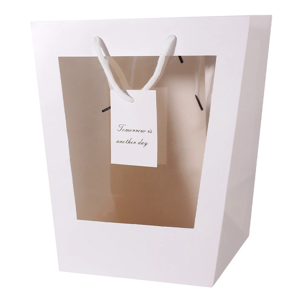 Gold Foil Stamping Card Paper Custom Trapezium Shape Gift Paper Bags With Transparent PVC Window