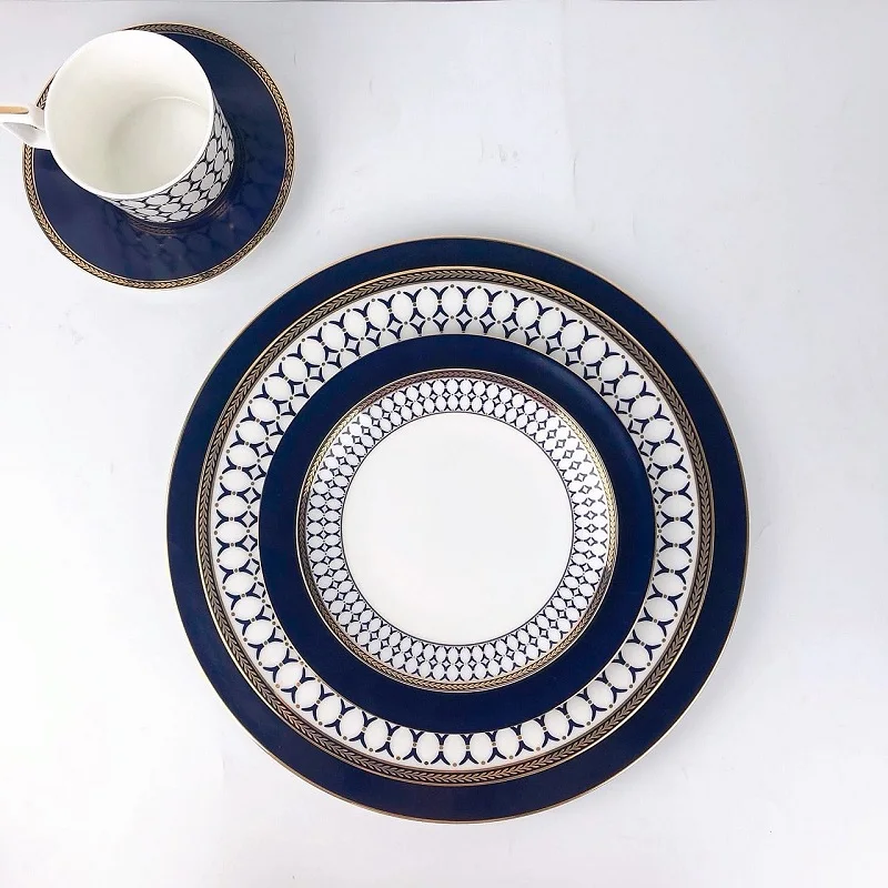 INT Роскошная синяя столовая посуда wedgewood из костяного фарфора керамическая с золотым ободом для ресторана набор свадьбы