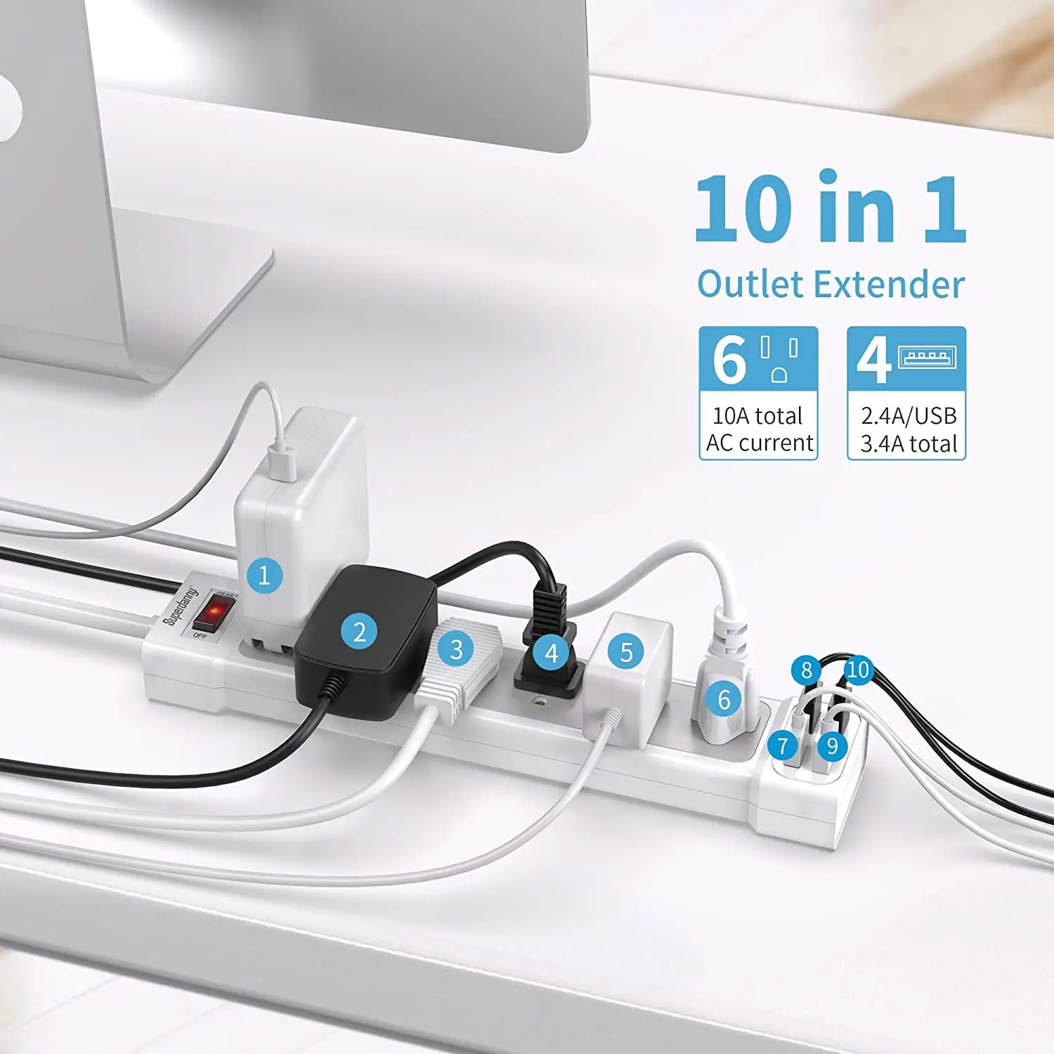 USA Type Hook with Loop Fastener Relay Controlled Heavy Duty 5ft Extension Power Strip