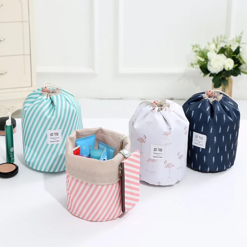 Fashion Barrel Shape Drawstring Toiletry Pouch Bag Printing Oxford Travel Beauty Cosmetic Kit Accessory Makeup Storage Bag