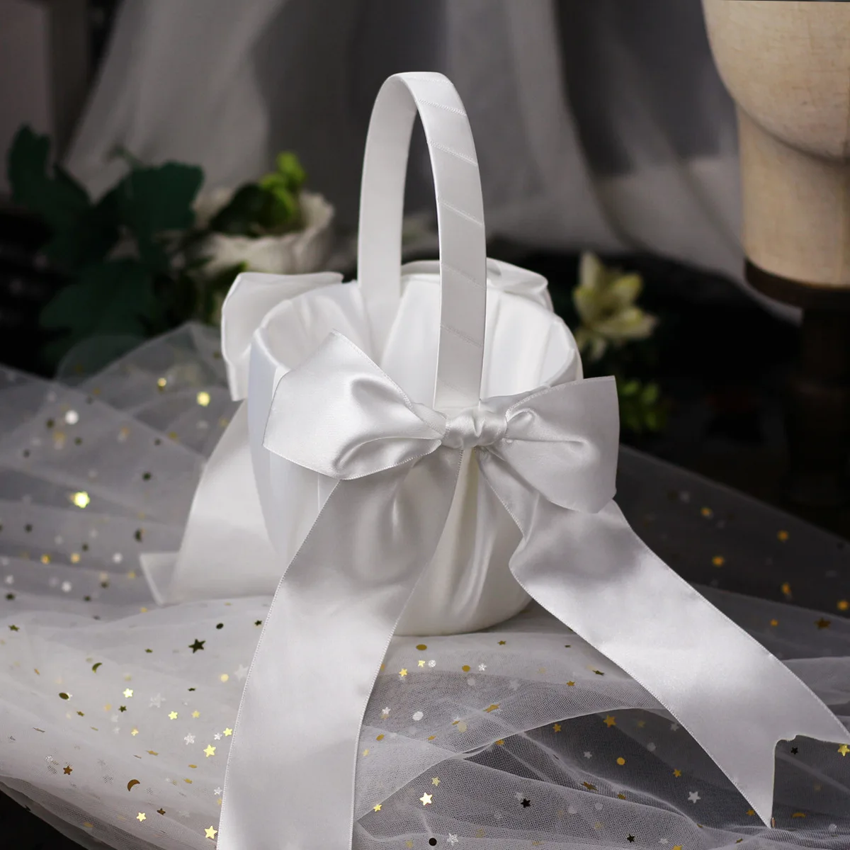 NANTEX popular solid color white satin style bride wedding flower basket knot flower girl   basket